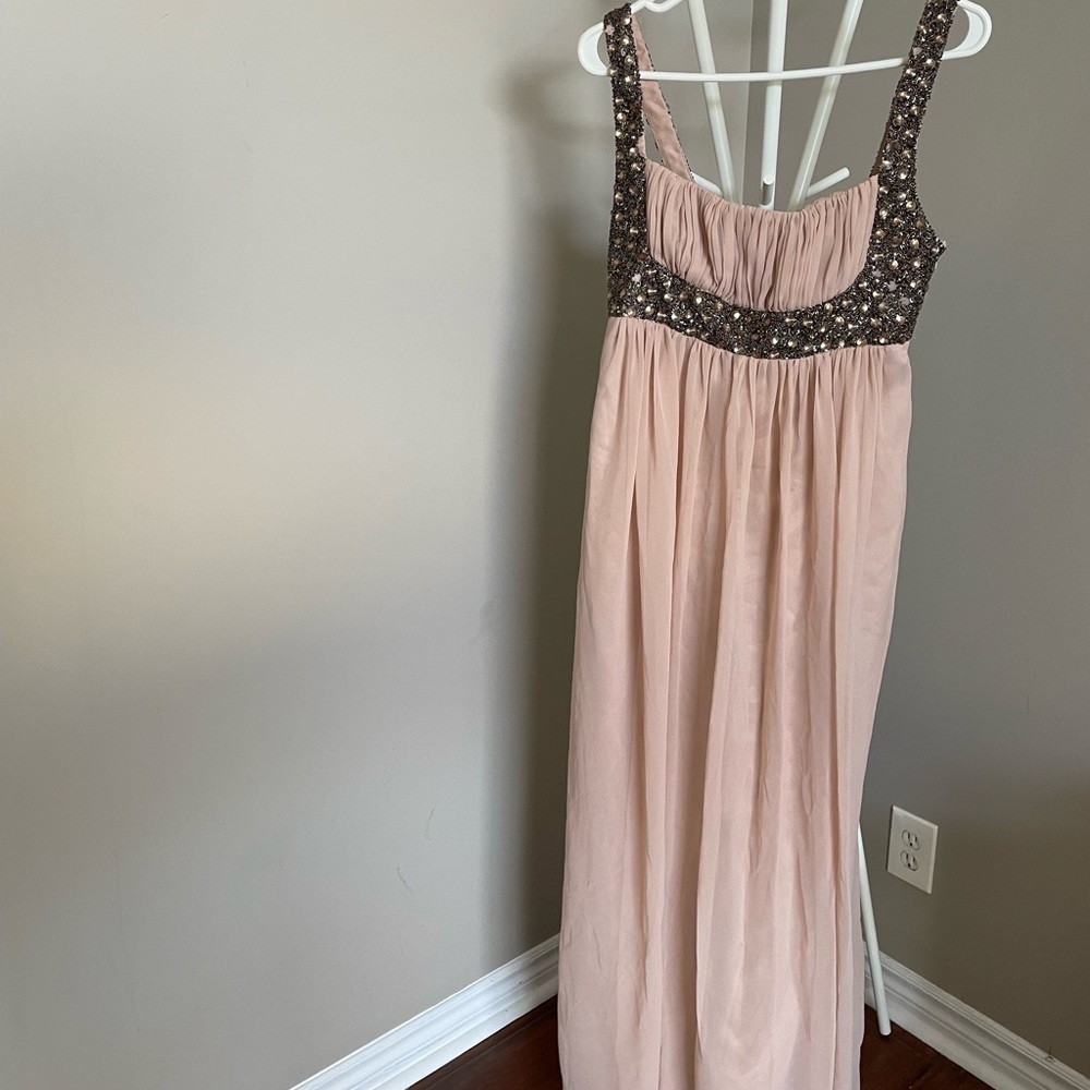 Long blush pink dress with brown and golden sequins